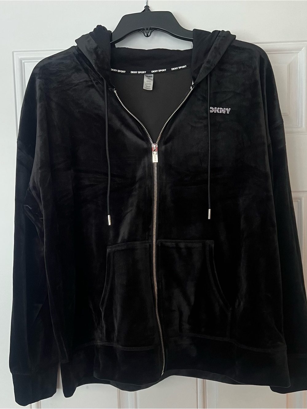 DKNY Black Velour Full-Zip Hoodie Jacket, Size Large - Embellished logo